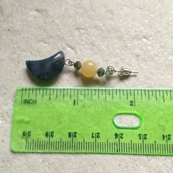 Dark Green Moss Agate Moons + Citrine Beads ~ Unique & Handmade Dangle Earrings - Picture 9 of 12